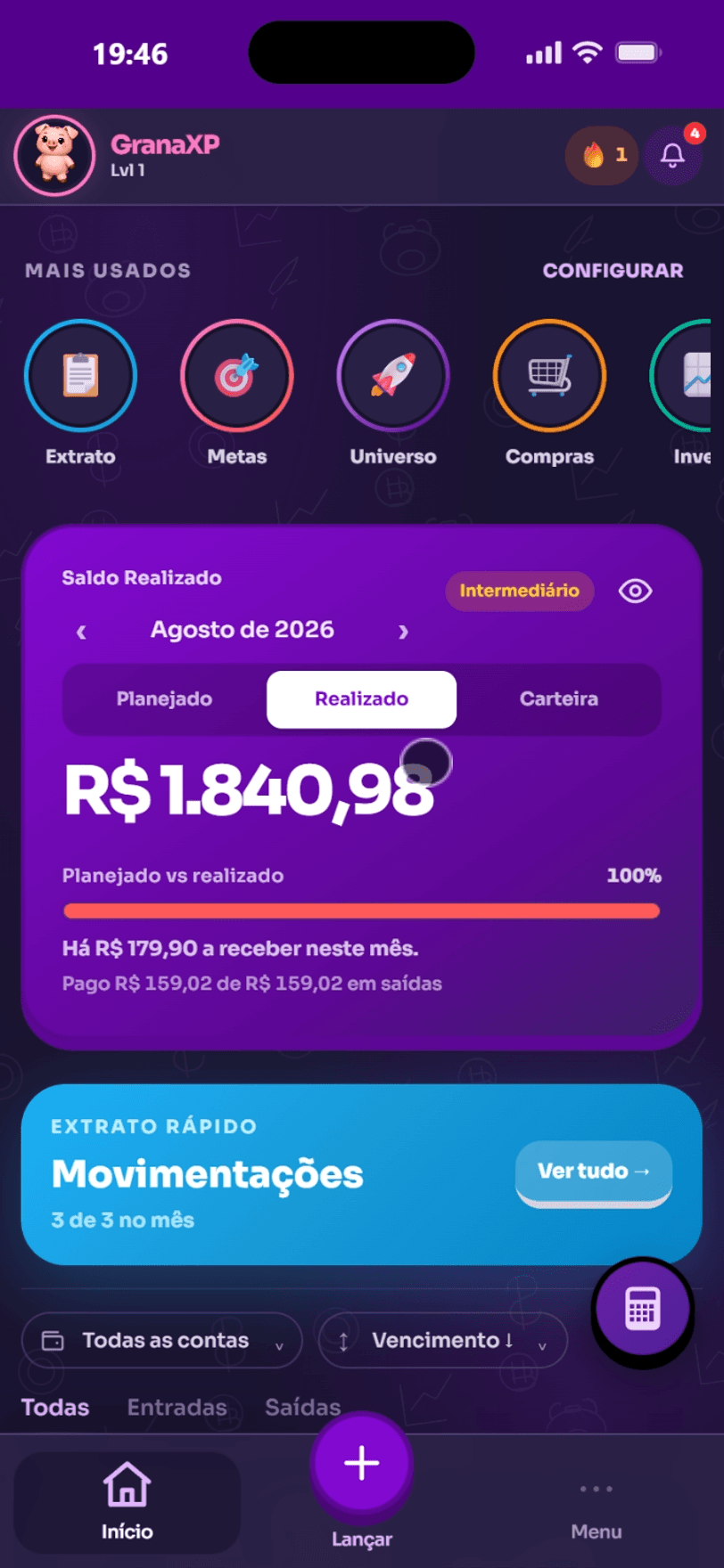 Home do Grana XP no celular