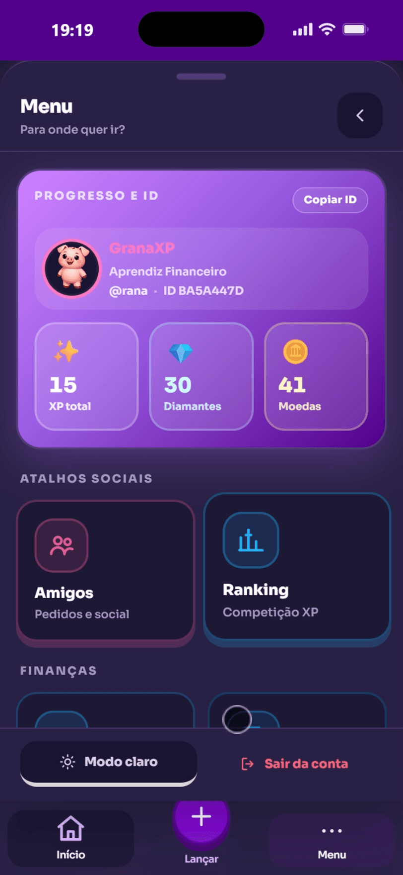 Menu no celular